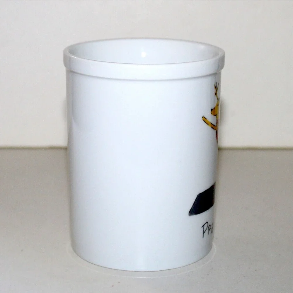 Pottery Barn coffee tea Mug Reindeer Prancer yoga white porcelain Christmas